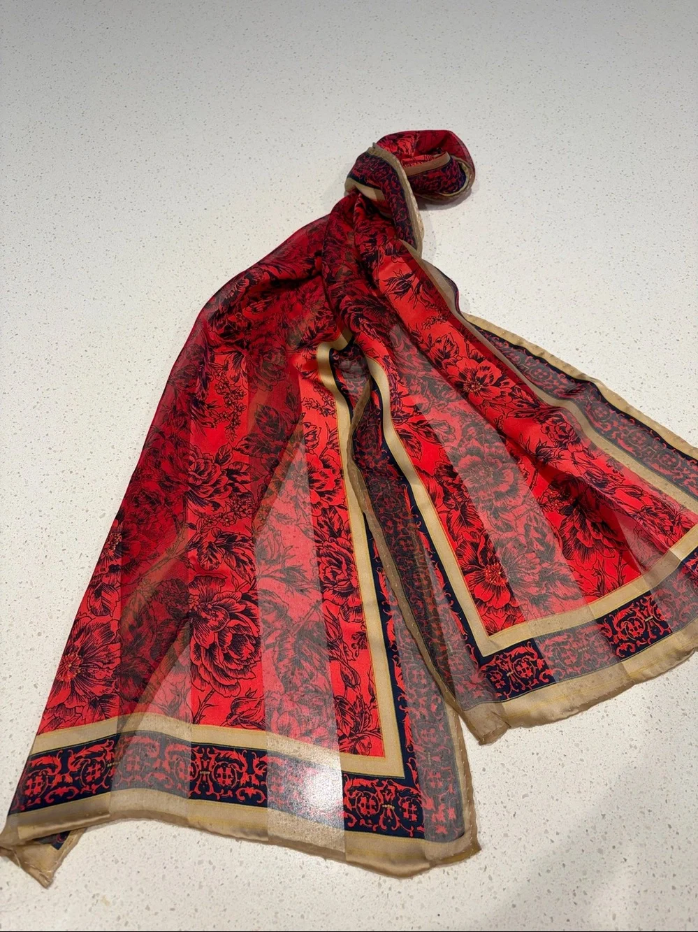 Vintage Red Silk Floral Border Women's Scarf.
